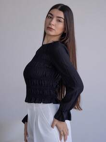 Andrea Bello Blusa a maniche lunghe con collo rotondo plissettato, tinta unita, da donna - nero - Visualizzare 4