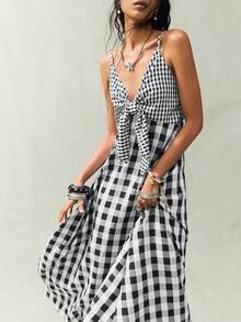 SoleilVie 波西米亚风中长连衣裙，抹胸系带蝴蝶结，A字廓形，混色格子拼接，小格子上衣，大格子裙，女士夏季连衣裙，女士夏季服装，夏季度假服装，春季连衣裙，女士夏季度假服装，女士度假服装，女士夏季度假服装，女士度假服装，女士夏季度假服装，女士海滩度假服装，女士休闲连衣裙，女士休闲连衣裙，女士休闲长裙，白色连衣裙，黑色连衣裙，格子连衣裙，方格连衣裙，格子连衣裙，女士野餐连衣裙，女士格子连衣裙 - 黑與白 - 查看 7