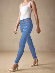 SHEIN Essnce Casual Washed Skinny Fit Denim Jeans - Blue - View 4