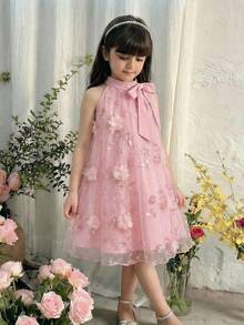 SHEIN Young Girl's Stand Collar Mesh Floral Casual Loose Halter Dress - Pink - View 4