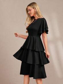 Vestido de mujer de unicolor con cuello redondo, dobladillo con volantes y capas - Negro - Ver 9