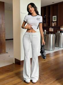 SHEIN EZwear 2条装女士新款抽绳腰带喇叭裤运动裤，适合户外活动 - 彩色 - 查看 4