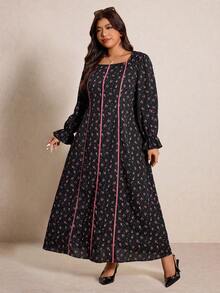 Elaquor Vestido Plus Size Floral Misterioso com Decote Quadrado e Mangas Compridas - Multicolorido - Ver 3
