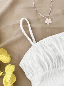 Vestido de tirantes con volantes en la cintura para niñas preadolescentes en vacaciones de verano - Blanco - Ver 3