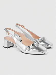 ROMWE Kawaii Square Toe High Heel Sandals, Wrinkle Design Chunky Heel Elegant Ladies Wedding Party Shoes - Silver - View 1