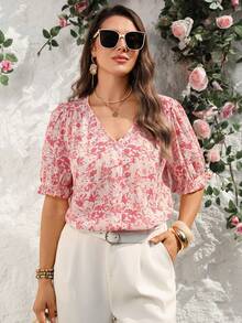 Miaspire Plus Size V-Neck Raglan Short Sleeve Pink Allover Print Front Button Loose Shirt,Summer Boho Holiday Tea Party Elegant Floral Blouses For Women Top - Multicolor - View 1