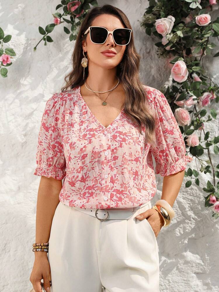 Plus Size V-Neck Raglan Short Sleeve Allover Print Front Button Loose Shirt/Summer/Vacation/Flower, Summer Tops Summer Blouses For Women V Neck Blouses For Women Floral Blouses For Women Short Sleeve Blouses For Women Casual Blouses For Women,Spring Clothes Women Ditsy Floral Top Women Blouses Summer, Pink Top Pink Blouse For Women Elegant Spring Blouse Pink Floral Top Blouse For Women Casual Blouse Floral Print Blouses For Women Summer Ladies Tops And Blouses New Arrival Blouse Blouse For Women Casual Elegant Women's Tops For Summer Women's Tops And Blouses Women's Summer Outfits Women's Short Sleeve Tops Women's Shirts For Summer Women's Summer Outfits