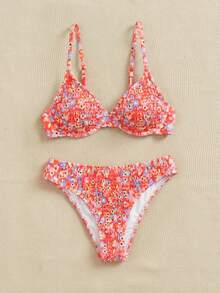 Swim Mod Conjunto de bikini de playa de verano con volantes florales y sexy para mujer - Naranja - Ver 3