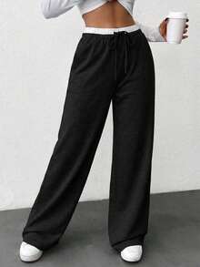 SHEIN Cottnline Contrast Color Waist Tie Casual Loose Cotton Sweatpants Everyday Formal Black And White Summer - Black - View 3
