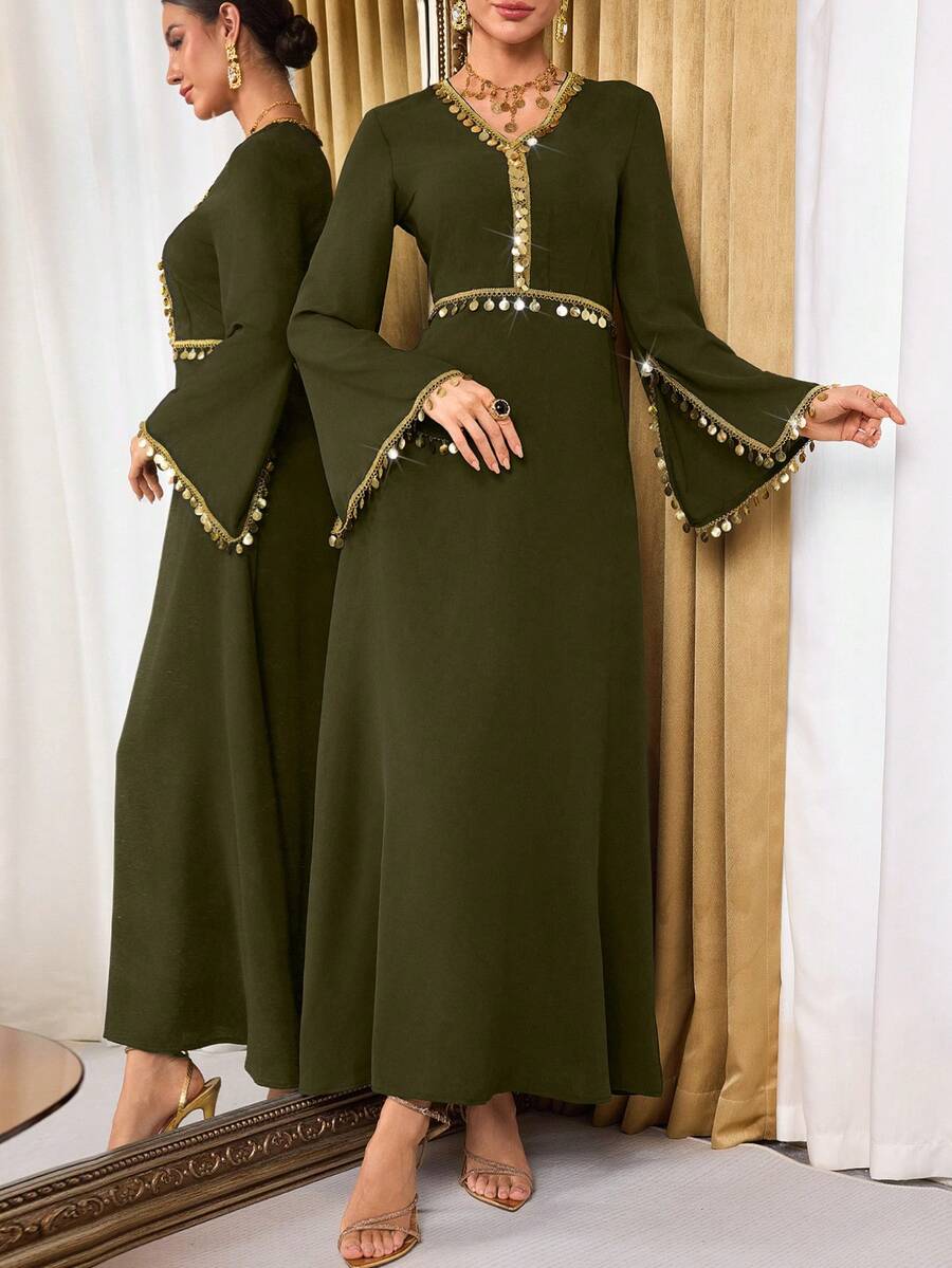 Al Najma 女士V领亮片装饰休闲派对日常阿拉伯风格连衣裙优雅女士连衣裙奢华女士连衣裙正式女士连衣裙优雅最新款女士连衣裙穆斯林女士连衣裙阿巴雅女士连衣裙正式服装穆斯林女士连衣裙端庄女士连衣裙 - 軍綠色 - 查看 1