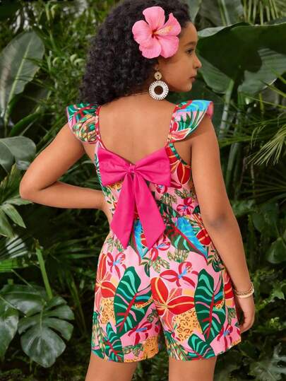 Sparklyn Mono tropical con estampado floral y de leopardo para niñas, con mangas con volantes, lazo en la espalda y diseño de espalda abierta en forma de V para un look dulce, silueta de pantalones cortos relajados para un estilo de verano cómodo.