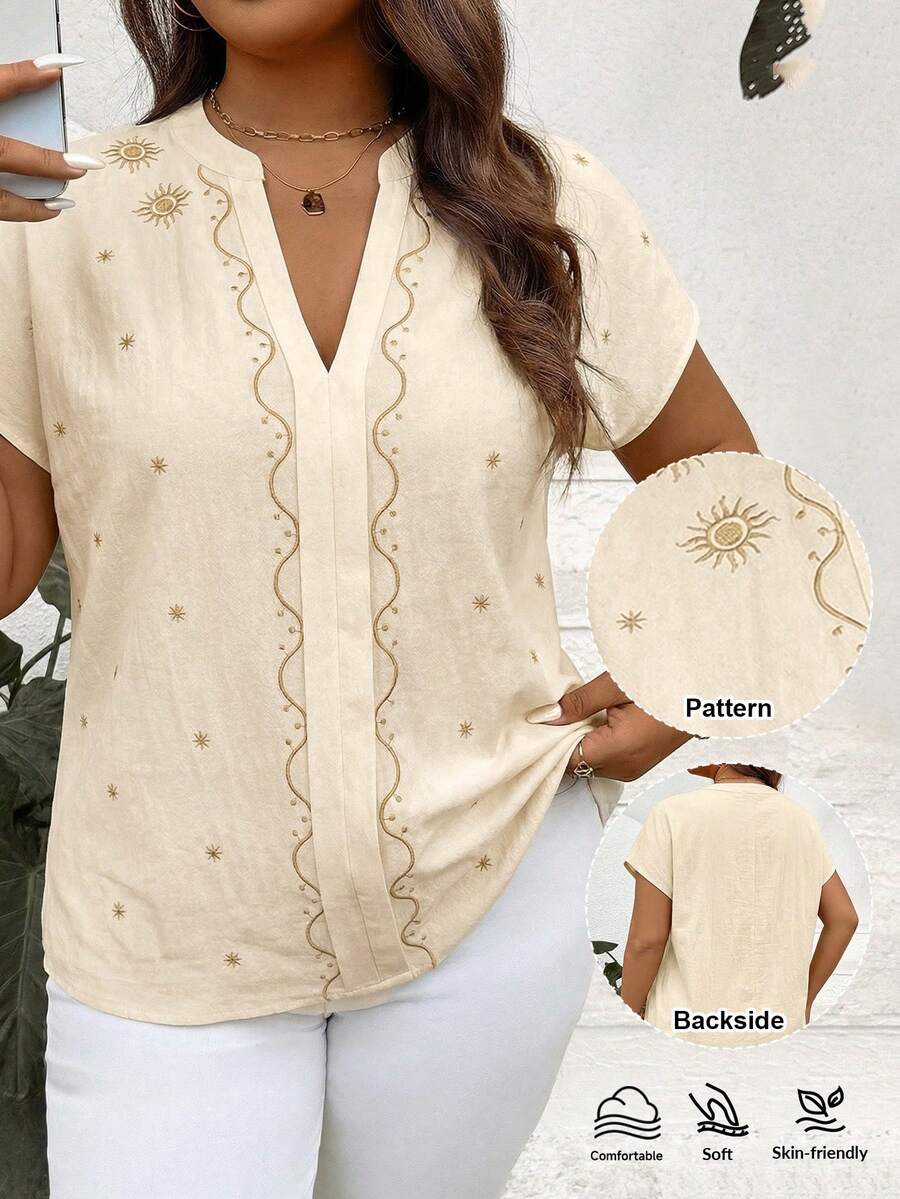 SHEIN LUNE Áo sơ mi nữ cỡ lớn mùa xuân hè màu mơ quyến rũ với họa tiết thêu tinh tế, cổ áo xẻ và thiết kế ngắn hơn ở phía trước và dài hơn ở phía sau. Áo kiểu nữ thanh lịch, kín đáo, áo cỡ lớn, áo màu kem, áo cỡ lớn dành cho người có thân hình đầy đặn, áo sơ mi mùa hè cỡ lớn, áo kiểu mùa hè cỡ lớn, áo thêu, áo cỡ lớn dành cho người có thân hình đầy đặn, áo tay ngắn, áo cổ chữ V cho nữ, áo thêu thanh lịch, áo thêu cho nữ, áo kiểu thanh lịch cho nữ, áo thêu nữ, áo kiểu boho cho nữ, áo nữ. - Màu be - Xem 1