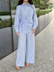 Veilorie Women's Elegant Casual Vacation Daily Commute Simple Solid Color Drawstring Tie Long Sleeve Shirt And Wide Leg Pants 2-Piece Set, Spring/Autumn - Blue - View 8