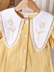 SHEIN Elladie kids Young Girl Lace Patchwork Front Button Contrast Color Ruffle Hem Short Sleeve Dress - Yellow - View 6