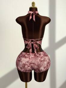 Zestiva 女士时尚串珠垂褶领口系带比基尼上衣和短裤泳衣套装，夏季 - 紅色 - 查看 2