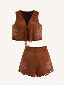 Ceyna Plus Size Women Casual Chocolate Brown Summer Boho Holiday Sleeveless 2 Pieces Set,Shorts Vacation Outfits Festival Two Piece Outfit - Brown - View 14