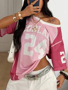 Coolane Áo thun nữ mùa xuân hè phong cách vintage streetwear thể thao rằn ri in số kiểu áo bóng chày - Màu Hồng baby - Xem 3