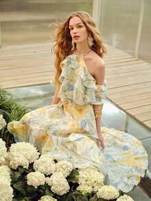 MOTF PREMIUM WOMEN'S FLORAL PRINT LAYERED RUFFLED COLD SHOULDER ROMANTIC CROP TOP, SPRING/SUMMER - Light Yellow - View 1