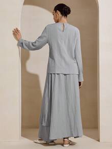 2pcs Women Casual Textured Shirt & Flared Skirt Set, Solid Color, Daily Wear - Grey - View 2