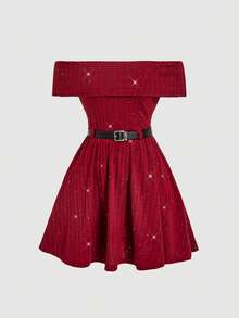 SHEIN MOD 一件式露肩黑色腰带亮片罗纹迷你连衣裙 - 紅色 - 查看 2