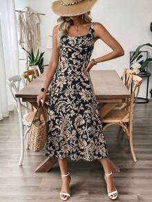 EMERY ROSE Đầm lửng không tay in hoa dành cho nữ, thích hợp cho kỳ nghỉ hè. - Màu Khaki - Xem 2