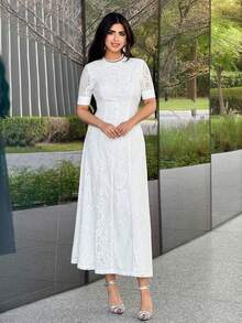 Modelyn Women's Elegant White Lace Short Sleeve Waist Cinched Dress, Summer - White - View 5