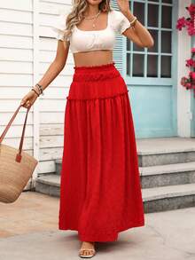 Breezaya 女士夏季休闲沙滩度假荷叶边高腰长款纹理红色百搭半身裙 - 紅色 - 查看 4