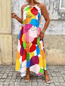 Breezaya Summer New Lady Women's Spaghetti Strap Maxi Dress, Asymmetrical Hem, All-Over Abstract Graffiti Print, Loose & Comfortable Beach Vacation Dress - Multicolor - View 4