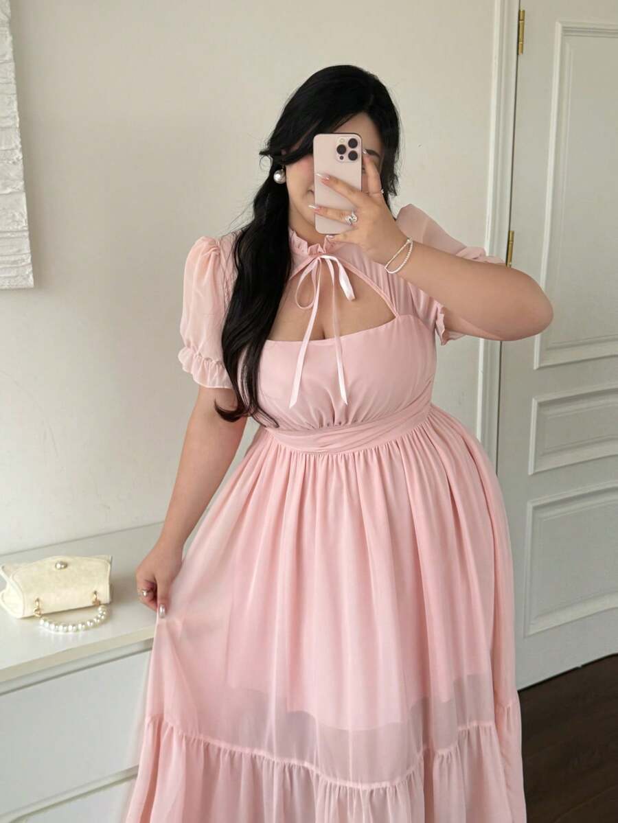 Vibekara 轻盈雪纺系带镂空泡泡袖连衣裙，优雅法式甜美风格，收腰设计，修身显瘦，适合春季、夏季、度假、婚礼等场合。 - 彩色 - 查看 1