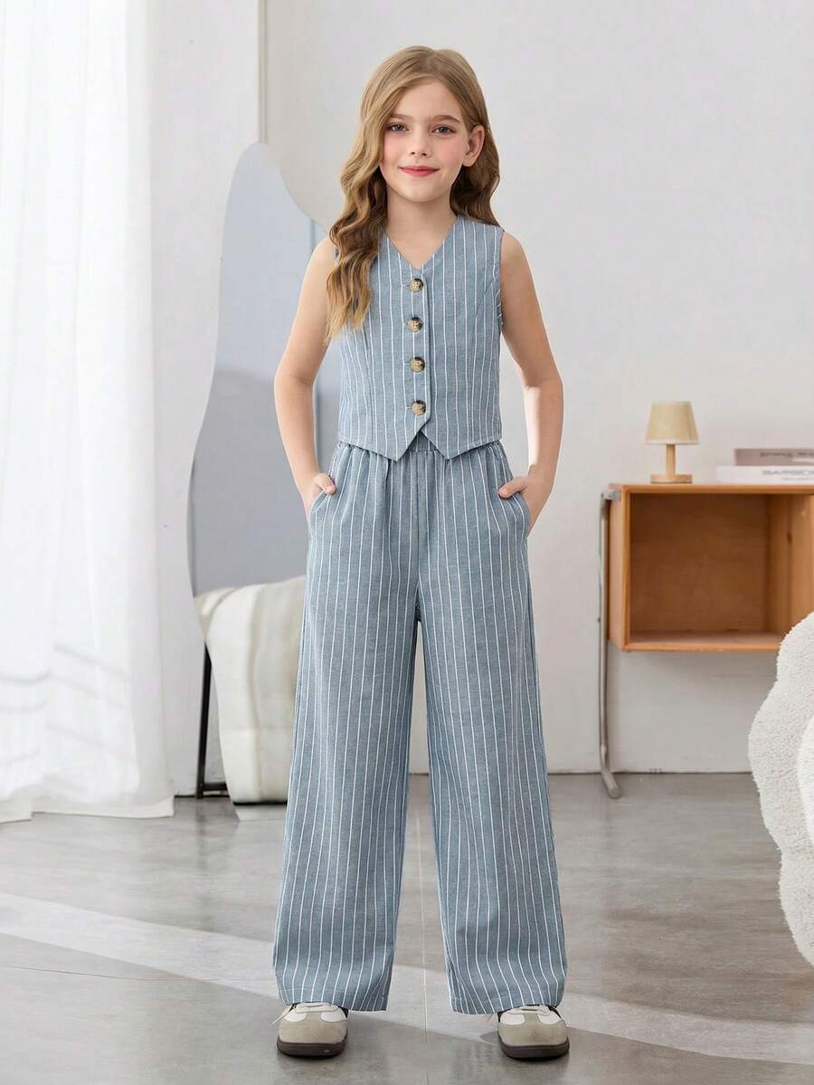 SHEIN Bộ đồ 2 món cho bé gái tuổi teen, gồm áo vest kẻ sọc và quần ống rộng, thích hợp cho kỳ nghỉ. - Xanh và trắng - Xem 1