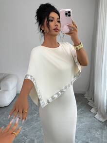 SHEIN Clasi Elegant Casual Color Block Batwing Sleeve Sequin Decor Round Neck Cape Dress For Women, Spring/Summer - Apricot - View 6