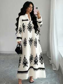 Elenzga 女士优雅印花V领灯笼袖连衣裙，秋季 - 彩色 - 查看 1