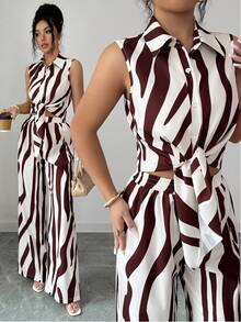 SHEIN Elenzya Women's Zebra Print Sleeveless Button-Up Shirt And Pants Casual 2 Pieces Set - Multicolor - View 1
