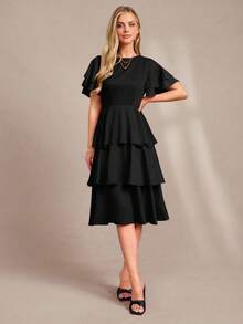 Vestido de mujer de unicolor con cuello redondo, dobladillo con volantes y capas - Negro - Ver 2