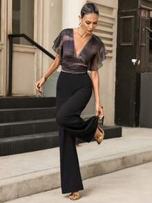 Editum 女士优雅V领网纱银箔荷叶袖黑色连体裤，修身阔腿款式，适合春夏婚礼和派对穿着 - 彩色 - 查看 3
