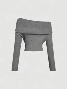 SHEIN MOD Sweater Rajut Wanita Warna Khaki dengan Model Bahu Terbuka - Grey - View 2