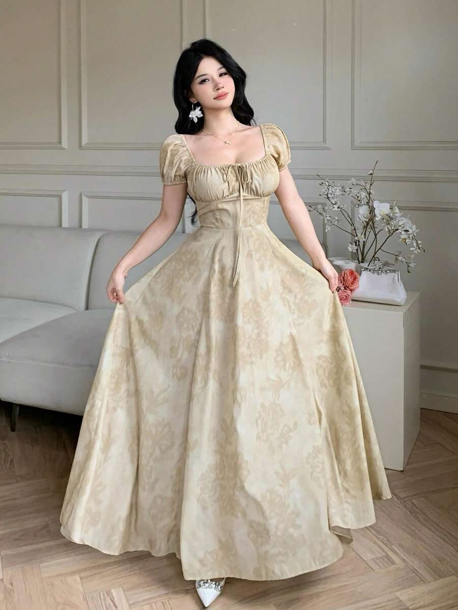 DAZY Đầm nữ tay ngắn cổ vuông, chất liệu vải nhuộm tie-dye, thắt eo, kiểu dáng thanh lịch, thích hợp cho mùa hè. - Nhiều màu - Xem 1