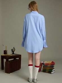 Elnivra Blusa holgada de manga larga con cuello de contraste y pliegues - Azul - Ver 2
