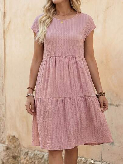 EMERY ROSE Vestido de manga corta de cuello redondo con bajo con volantes de color sólido para mujeres en primavera/verano