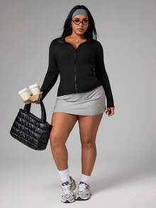 SHEIN Sports 女士加大码纯色长袖拉链修身运动夹克 - 黑色 - 查看 6