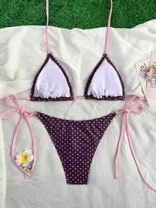 Swim Mod Bộ bikini nữ họa tiết chấm bi đen trắng cổ yếm, kiểu dáng xuân/hè 2026, quần bikini buộc dây bên hông dễ thương, bikini tam giác chấm bi, đồ bơi hai mảnh chấm bi, bộ bikini nữ, bikini tam giác chấm bi. - Nhiều màu - Xem 2