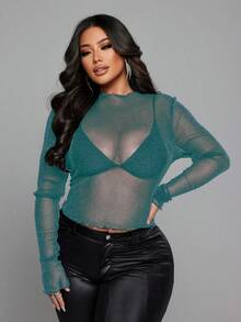 NU&NOW 大码女式闪亮网纱透视长袖性感上衣 - 綠色 - 查看 4