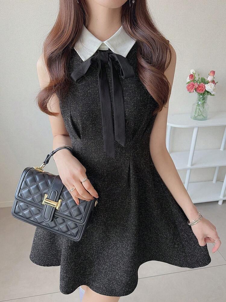 Women's Contrast Color Collar Bow Decor Sleeveless Elegant Dress