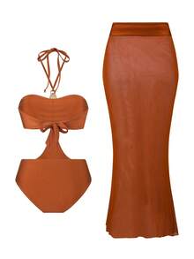Swim Oasis Premium Metalldekoration, glänzender Stoff gepolsterter Badeanzug mit durchgehendem farbigen Mesh-Rock - Kaffeebraun - Übersicht 7