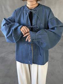 FRIFUL Women's Casual Everyday Front Tie Dropped Shoulder Loose Denim Blouse - Blue - View 7