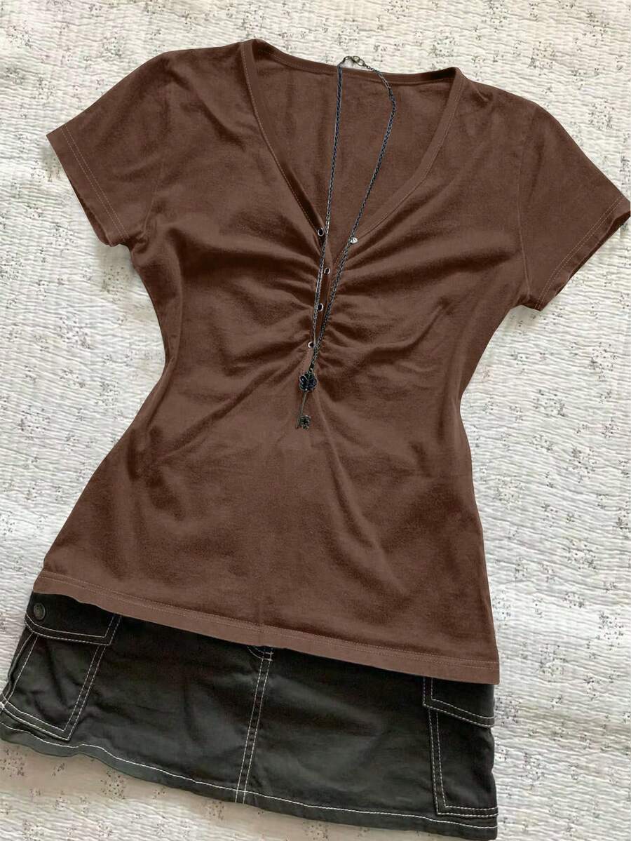 SHEIN 女士纯色简约短袖修身T恤 - 咖啡棕 - 查看 1