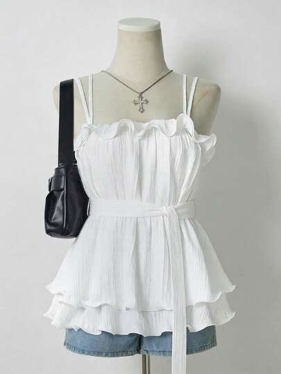 Resyla Summer Sweet Ruffled Hem Solid Color Camisole, Tie Waist, Suitable For Vacation Wear