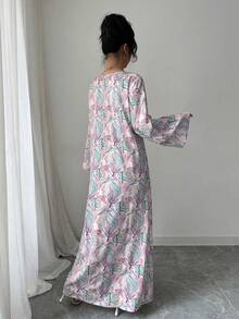 Yasmyna 女士V领长袖亮片刺绣彩色印花宽松优雅浪漫阿拉伯风格连衣裙 - 彩色 - 查看 2