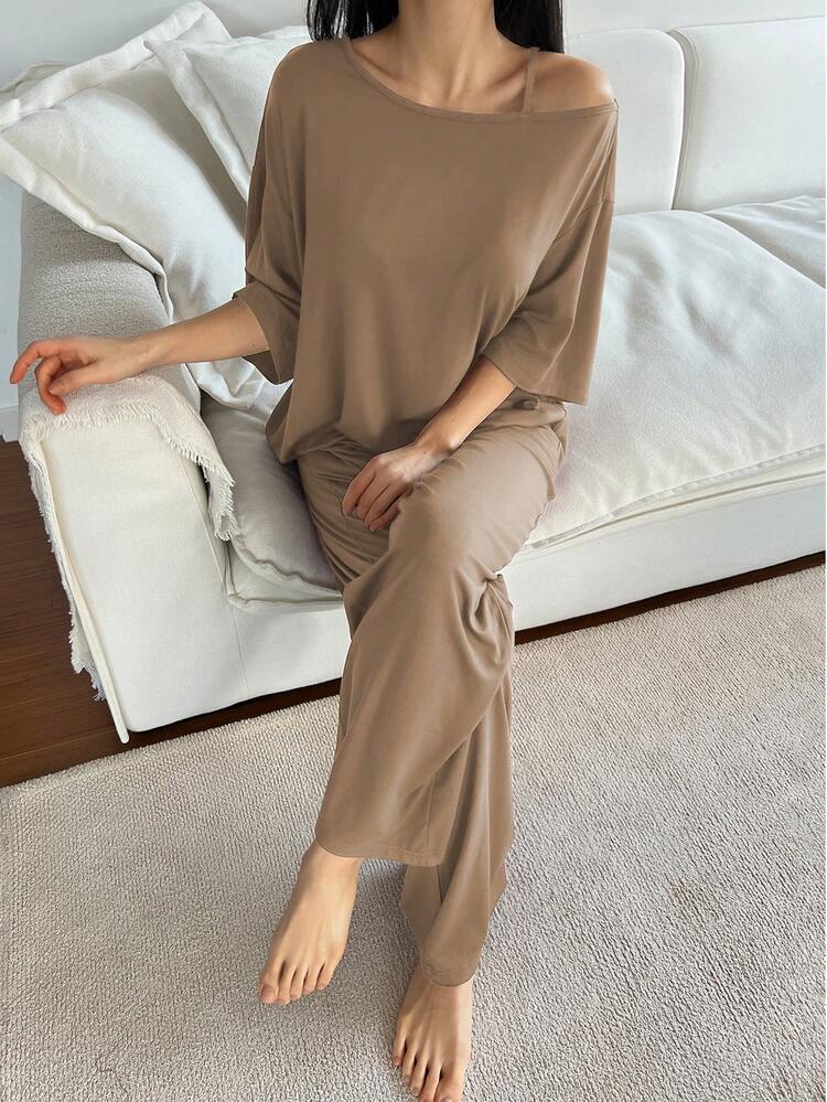 Minimalist Solid Color Knit Camisole & Shorts Loungewear Set For Women