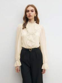 BizChic Nouvelle blouse femme à col volant multicouche crème/abricot, avec poignets élastiques. Polyvalente pour l'été, le bureau, le travail, les occasions sociales, formelles, Pâques, la Saint-Patrick, la remise des diplômes, la maternité, élégante, pour les déplacements urbains, décontractée, romantique, style vintage des années 90, robe de fête, vacances à la plage, mode de remise des diplômes, garde-robe de base - Nude - Voir 5